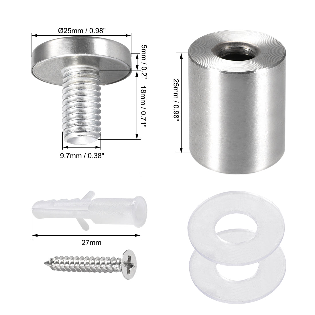 Harfington Glass Standoff Mount Stainless Steel Wall Standoff Holder Advertising Nails 25mm Dia 32mm Length with Mounting Screws , 6 Pcs