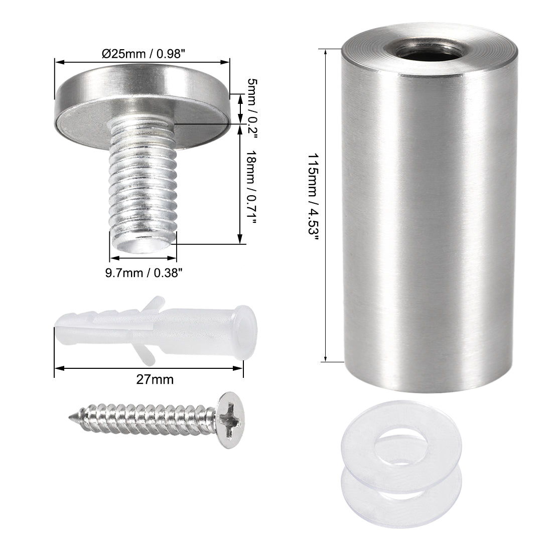 Harfington Glass Standoff Mount Stainless Steel Wall Standoff Holder Advertising Nails 25mm Dia 82mm Length with Mounting Screws , 6 Pcs