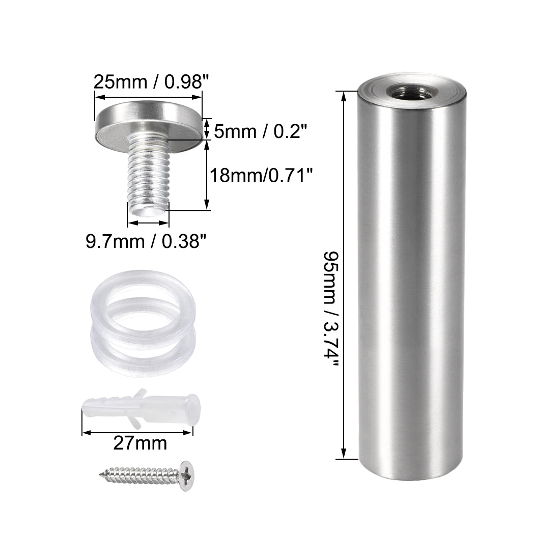 Harfington Glass Standoff Mount Stainless Steel Wall Standoff Holder Advertising Nails 25mm Dia 103mm Length with Mounting Screws , 2 Pcs