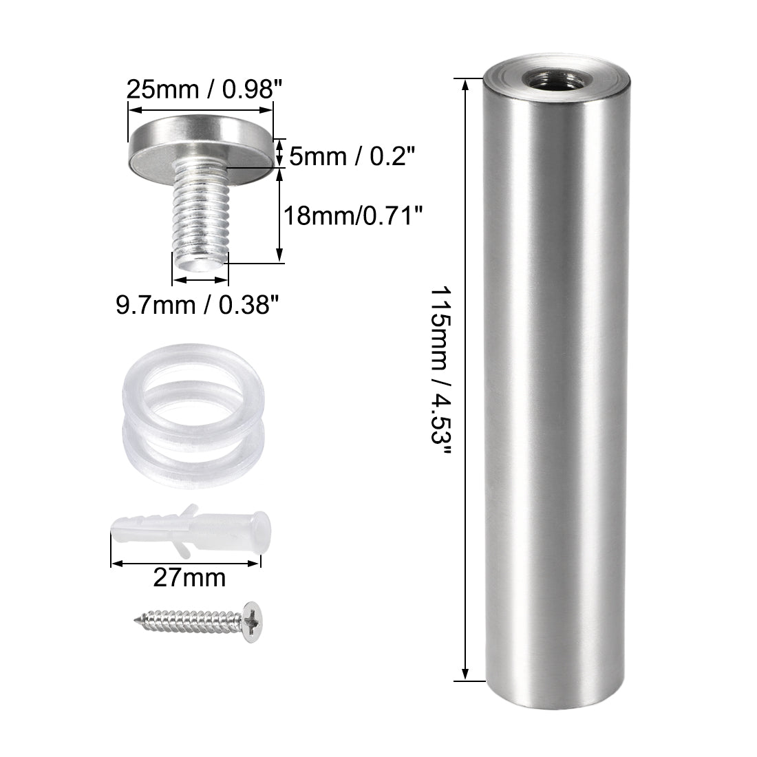 Harfington Glass Standoff Mount Stainless Steel Wall Standoff Holder Advertising Nails 25mm Dia 122mm Length with Mounting Screws , 6 Pcs