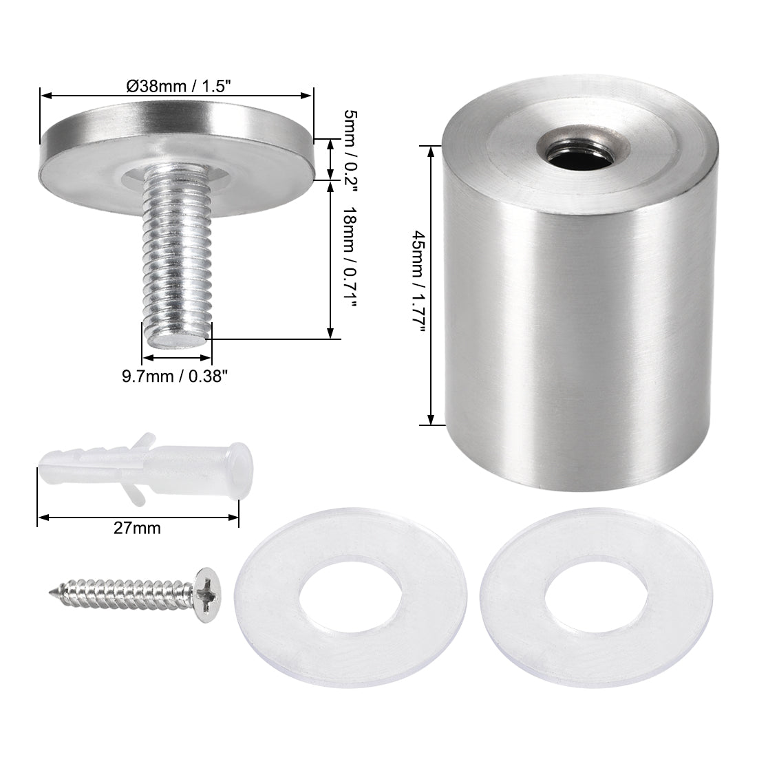 Harfington Glass Standoff Mount Stainless Steel Wall Standoff Holder Advertising Nails 38mm Dia 53mm Length with Mounting Screws , 2 Pcs