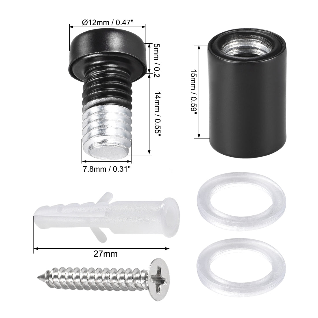 Harfington Glass Standoff Mount Stainless Steel Wall Standoff Holder Advertising Nails 12mm Dia 23mm Length Black with Screws , 6 Pcs