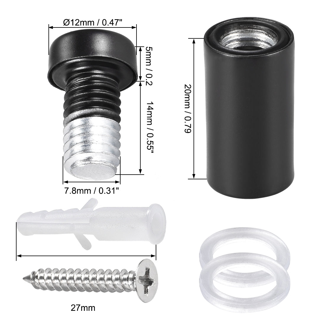 Harfington Glass Standoff Mount Stainless Steel Wall Standoff Holder Advertising Nails 12mm Dia 28mm Length Black with Screws , 4 Pcs