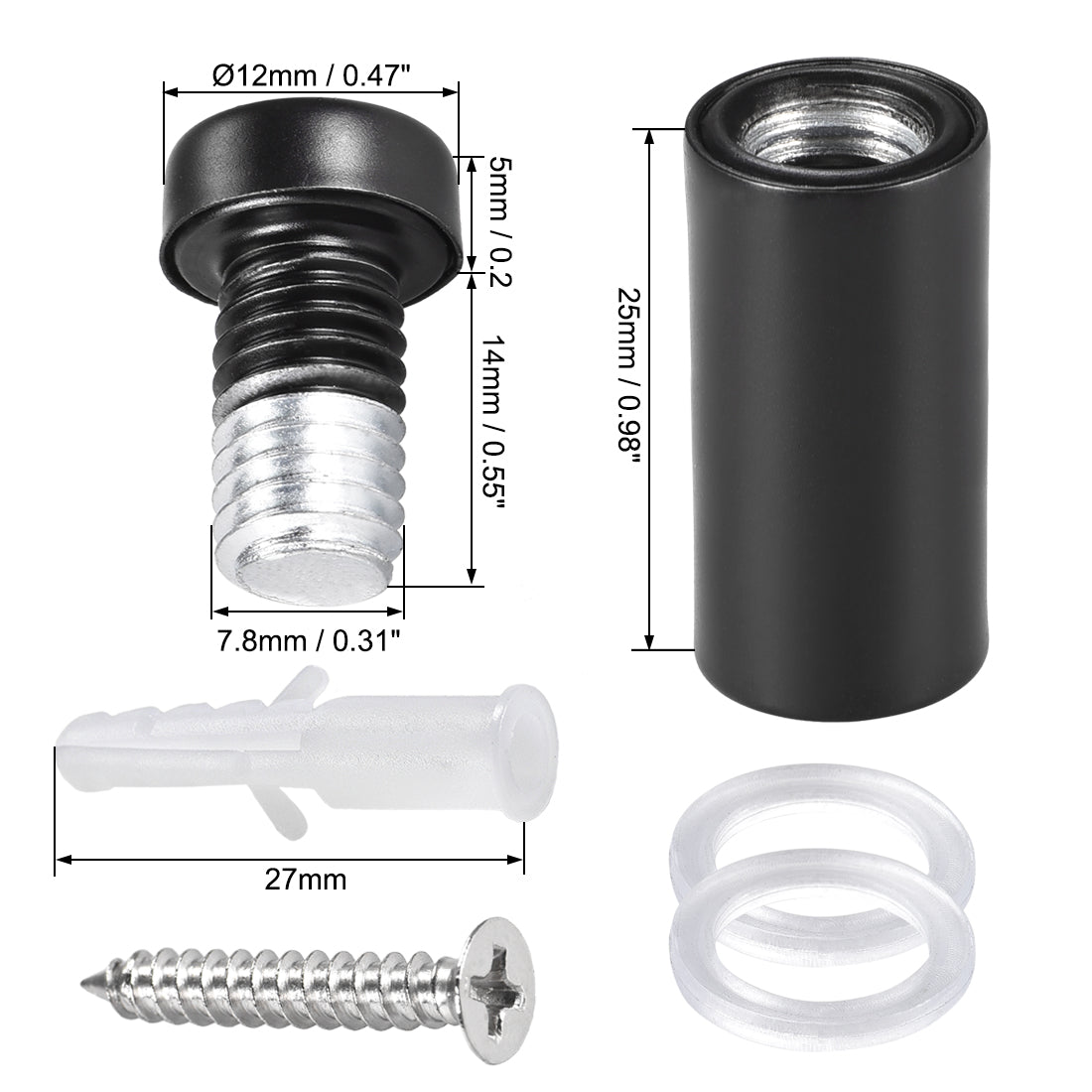 Harfington Glass Standoff Mount Stainless Steel Wall Standoff Holder Advertising Nails 12mm Dia 33mm Length Black with Screws , 4 Pcs