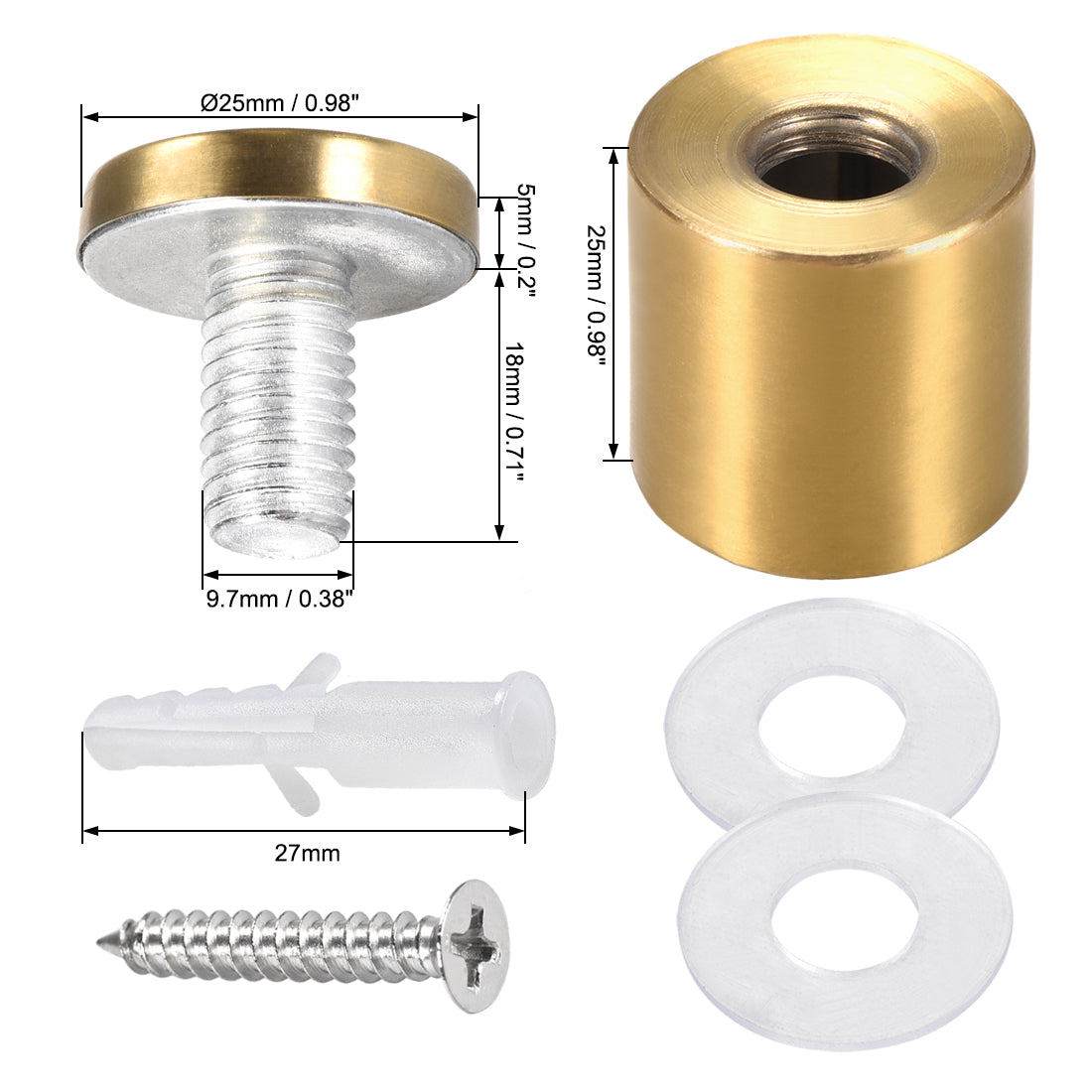 Harfington Glass Standoff Mount Stainless Steel Wall Standoff Holder Advertising Nails 25mm Dia 32mm Length Golden with Screws , 4 Pcs