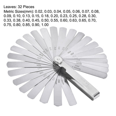 Harfington Thickness Feeler Gauge 0.02-1.00mm 0.0008-0.04 Inch 32 Leaves Stainless Steel Measuring Tool for Gap Width 2pcs