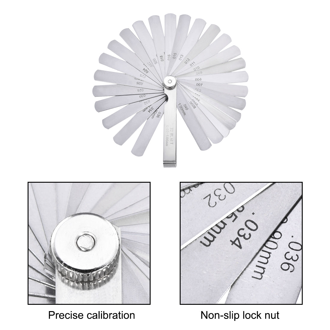Harfington Thickness Feeler Gauge 0.02-1.00mm 0.0008-0.04 Inch 32 Leaves Stainless Steel Measuring Tool for Gap Width 2pcs