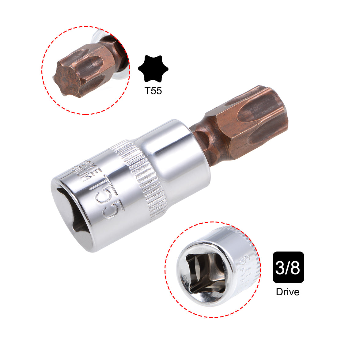 Harfington 3/8-Inch Drive Bit Socket Torx T55 S2 Steel 48mm Length 2 Pcs