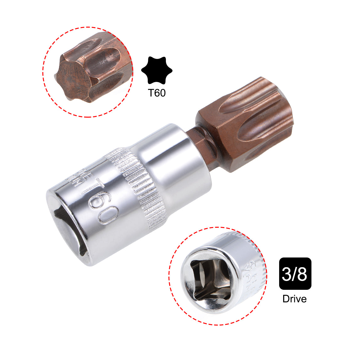 Harfington 3/8-Inch Drive Bit Socket Torx T60 S2 Steel 48mm Length 3 Pcs