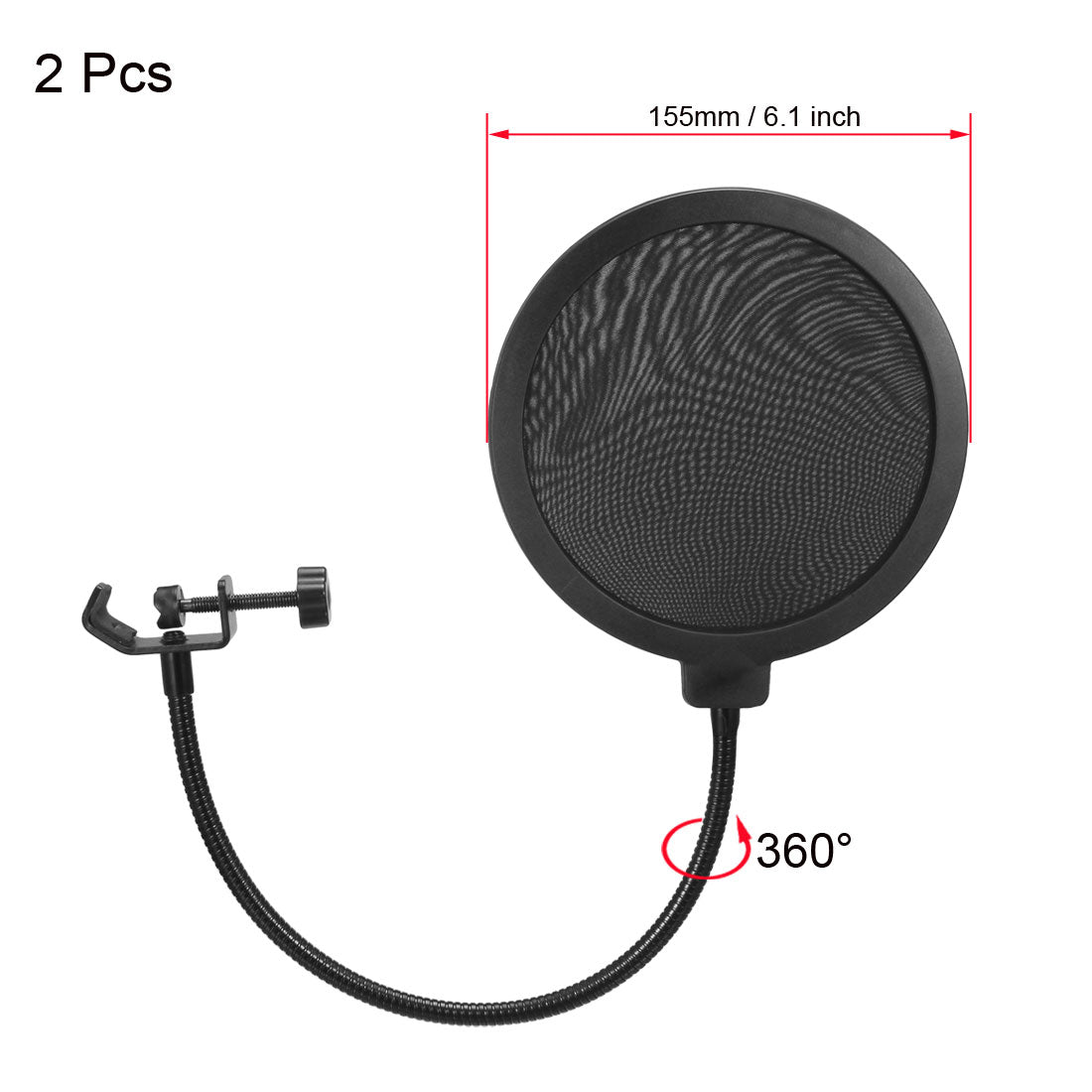 Harfington 155mm Diameter Black Microphone Pop Filter Double Mesh Wind Screen with 360° Gooseneck Clip Stabilization Arm 2Pcs