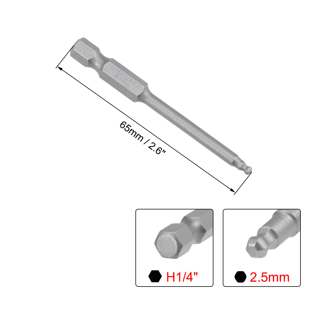 Harfington Ball End Hex Bits 1/4 Inch Hex Shank 2.6 Inch Length Magnetic H2.5 Head Screwdriver S2 HRC58 Screw Driver Bit