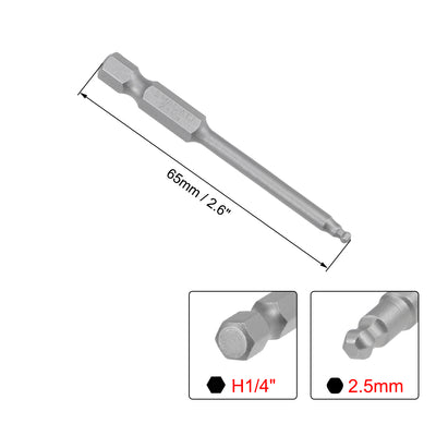 Harfington Ball End Hex Bits 1/4 Inch Hex Shank 2.6 Inch Length Magnetic H2.5 Head Screwdriver S2 HRC58 Screw Driver Bit