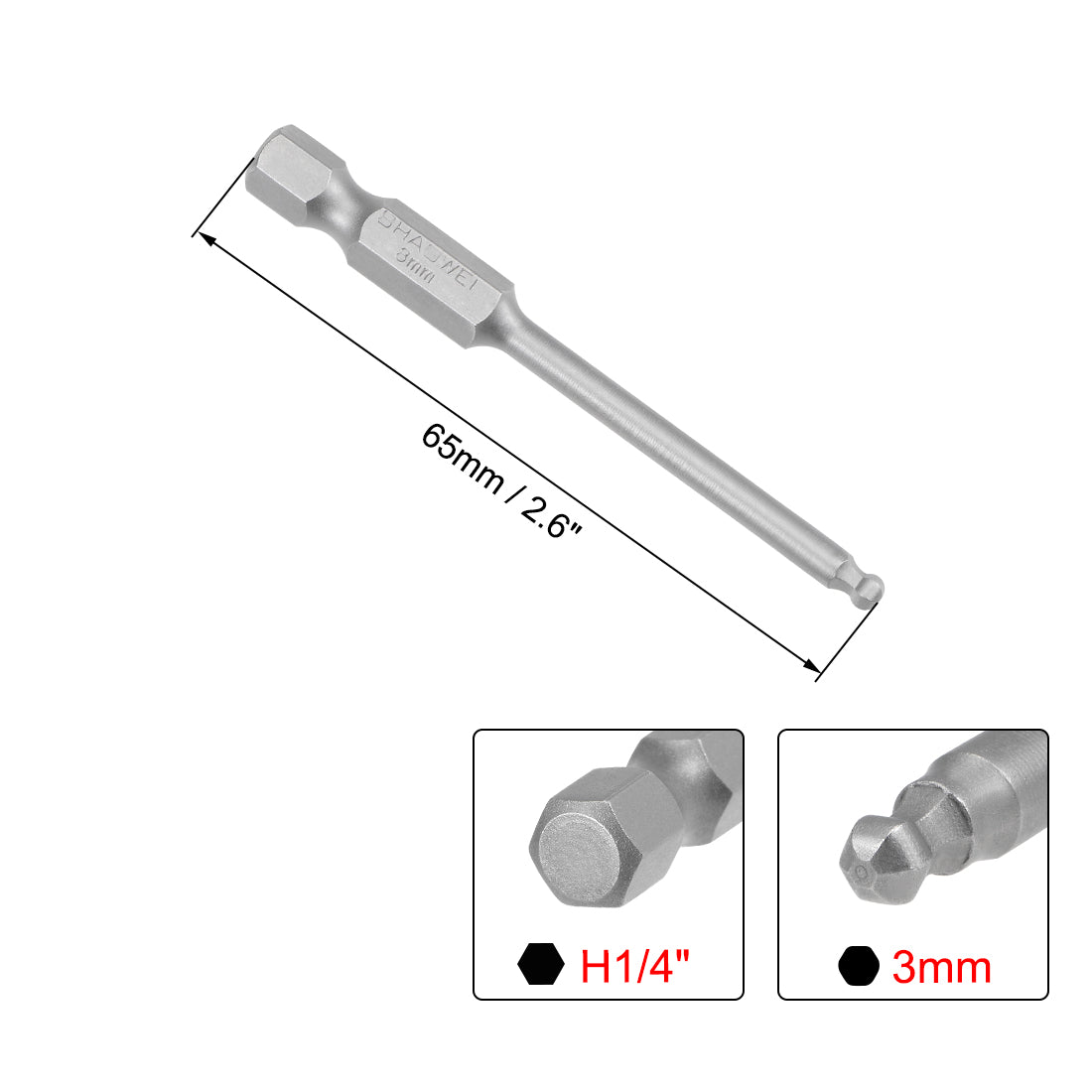 Harfington Ball End Hex Bits 1/4 Inch Hex Shank 2.6 Inch Length H3 Head Screwdriver S2 HRC58 Screw Driver Bit