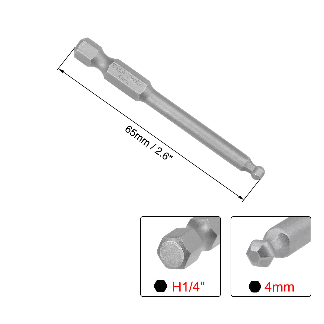 Harfington Ball End Hex Bits 1/4 Inch Hex Shank 2.6 Inch Length Magnetic H4 Head Screwdriver S2 HRC58 Screw Driver Bit