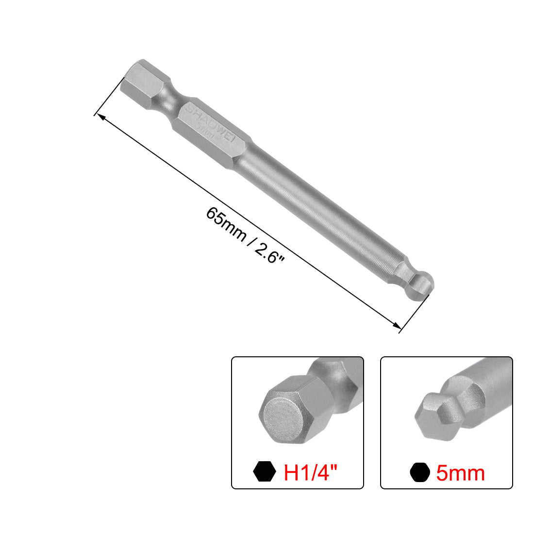 Harfington Ball End Hex Bits 1/4 Inch Hex Shank 2.6 Inch Length Magnetic H5 Head Screwdriver S2 HRC58 Screw Driver Bit