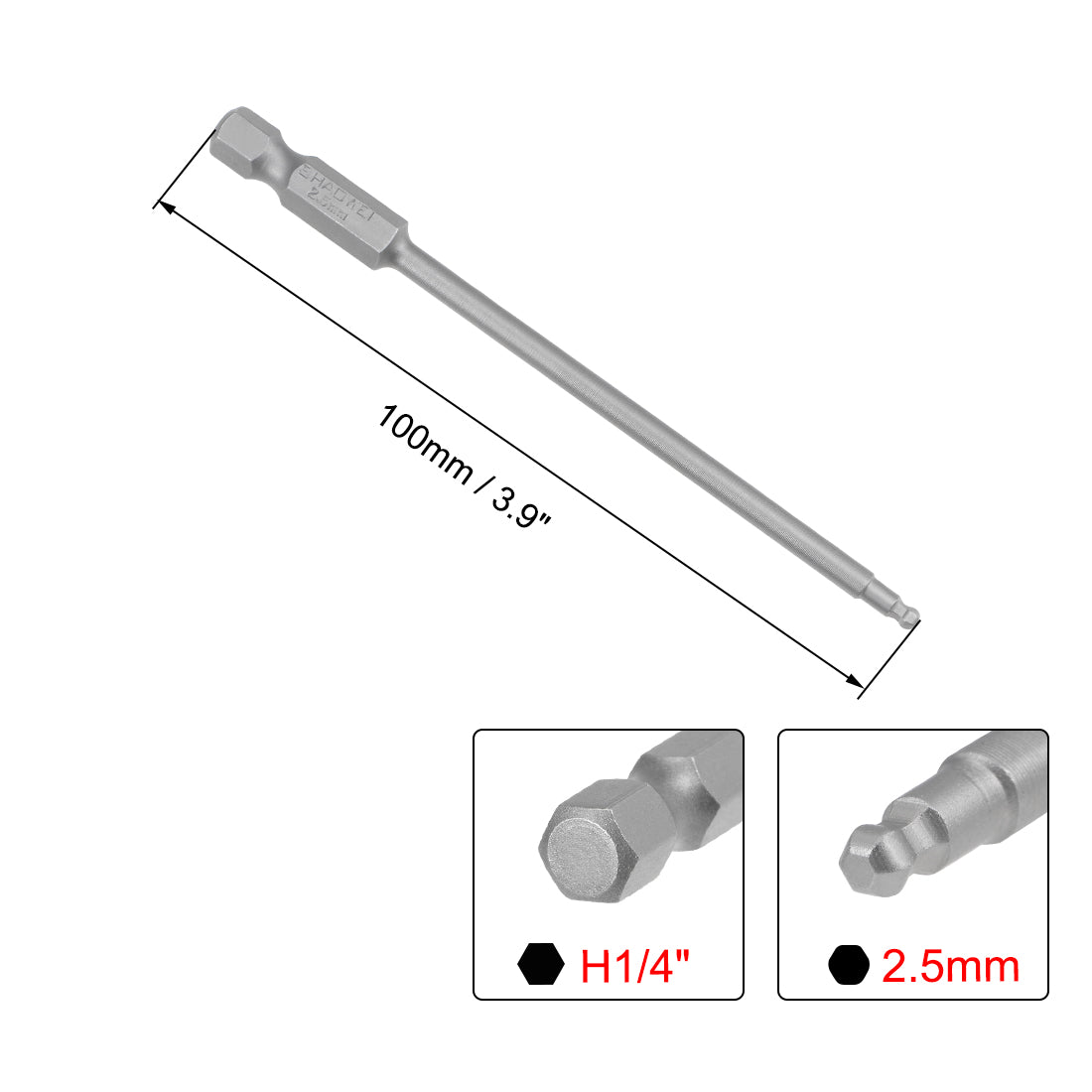 Harfington Ball End Hex Bits 1/4 Inch Hex Shank 3.9 Inch Length Magnetic H2.5 Head Screwdriver S2 HRC58 Screw Driver Bit