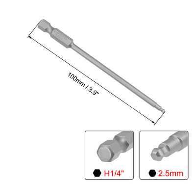 Harfington Ball End Hex Bits 1/4 Inch Hex Shank 3.9 Inch Length Magnetic H2.5 Head Screwdriver S2 HRC58 Screw Driver Bit