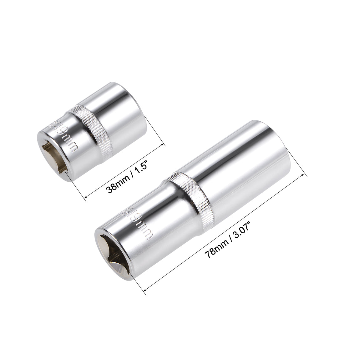 Harfington 1/2-Inch Drive by 19mm Deep and Shallow Socket Set of 2 Pcs, Cr-V, 12-Point, Metric