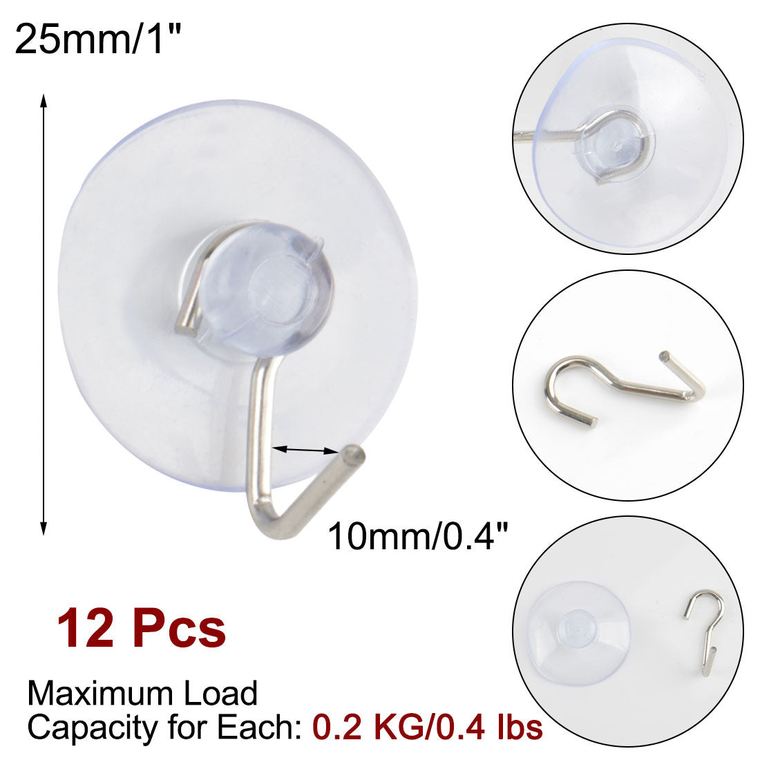 Harfington 12pcs Suction Cup Hooks 1" Diameter Removable Metal Hook Vacuum Hooks Hangers