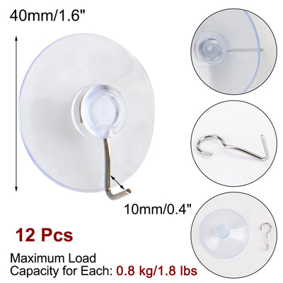 Harfington 12pcs Suction Cup Hooks 1.6" Removable Metal Hook Wall Vacuum Hooks Hanger Clear