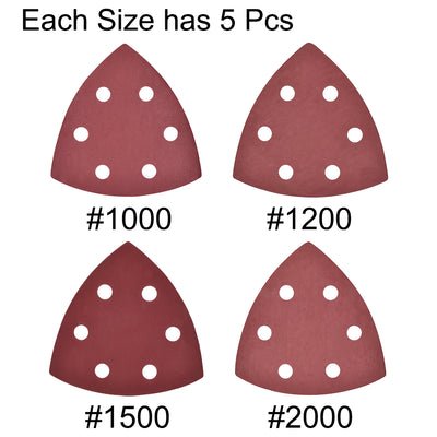 Harfington 20pcsTriangle Detail Sander Sandpaper Sanding Paper Sander Pads Sheet Assorted 6 Hole 1000/1200/1500/2000 Grits