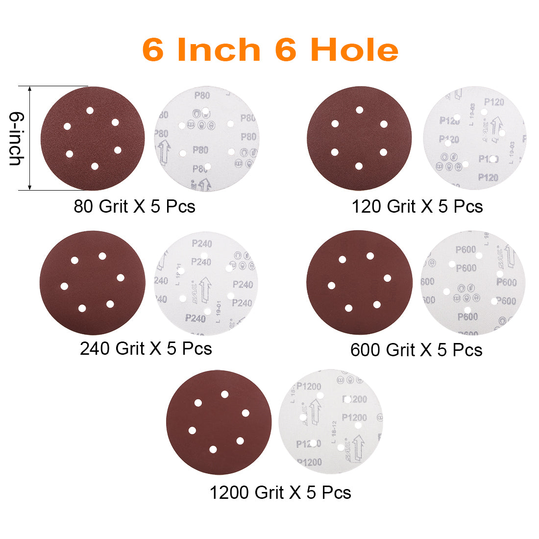 Harfington 25pcs 6 inch 6 Hole Sanding Disc 80/120/240/600/1200 Grit