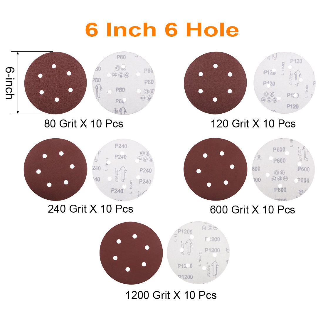 Harfington 50pcs 6 Inch 6 Hole Sanding Disc 80/120/240/600/1200 Grit