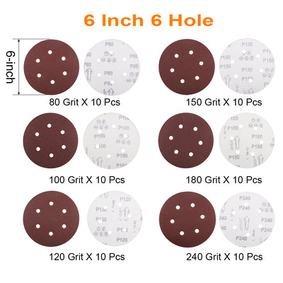 Harfington 60pcs 6 inch 6 Hole Sanding Disc 80/100/120/150/180/240 Grit