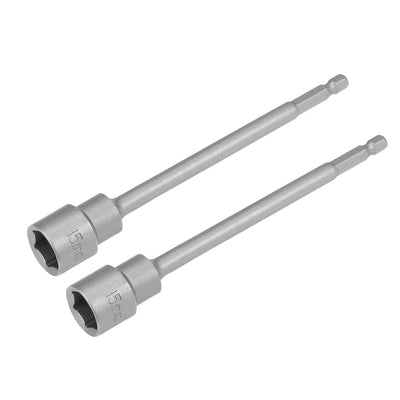 Harfington 2 Pcs 1/4" Quick-Change Hex Shank 15mm Magnetic Nut Sockets Driver, 150mm Length