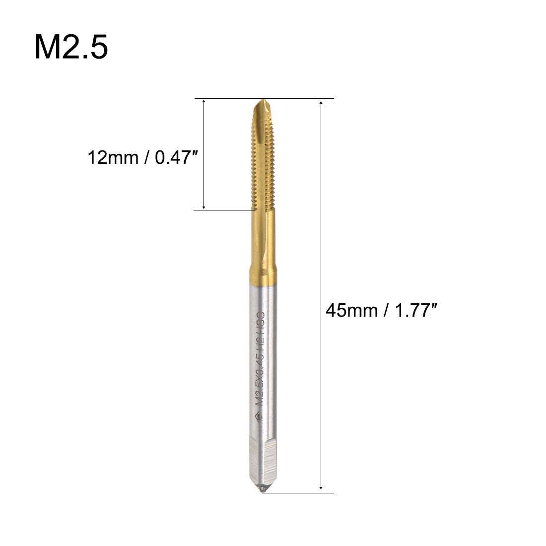 Harfington Spiral Point Threading Tap M2.5 Thread 0.45 Pitch Titanium Coated HSS 2pcs