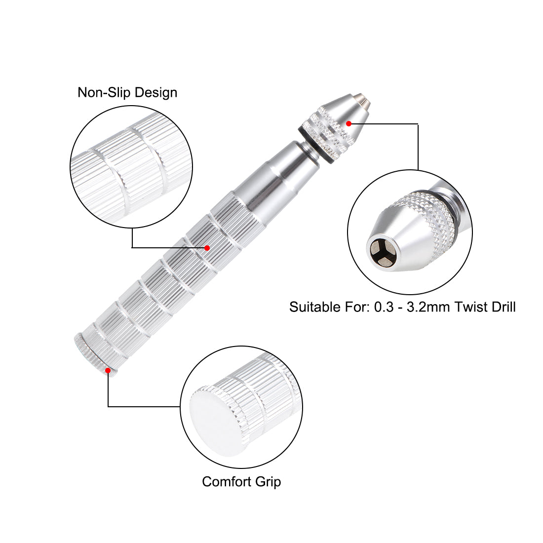 Harfington Pin Vise 0.3 - 3.2mm Adjustable Precision Hand Rotary Tools with Knurled Handle for Wood Jewelry Plastic Silver Tone