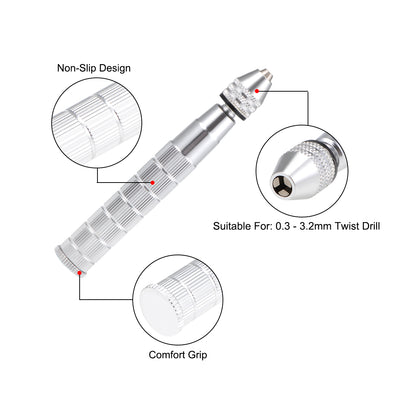 Harfington Pin Vise 0.3 - 3.2mm Adjustable Precision Hand Rotary Tools with Knurled Handle for Wood Jewelry Plastic Silver Tone