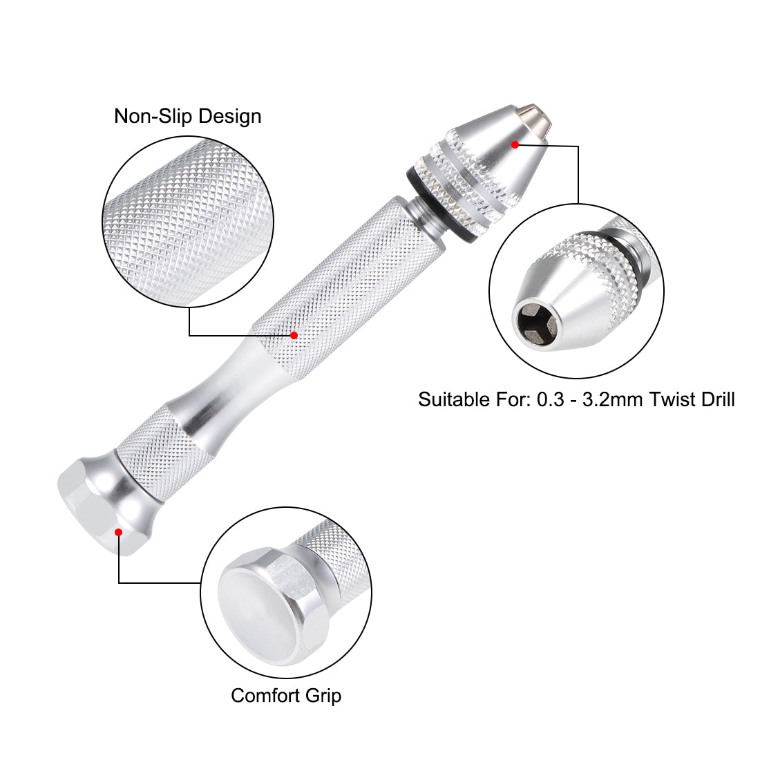 Harfington Pin Vise 0.3 - 3.2mm Adjustable Precision Hand Rotary Tools with Serrated Handle for Wood Jewelry Plastic Silver Tone