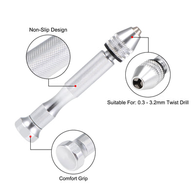 Harfington Pin Vise 0.3 - 3.2mm Adjustable Precision Hand Rotary Tools with Serrated Handle for Wood Jewelry Plastic Silver Tone