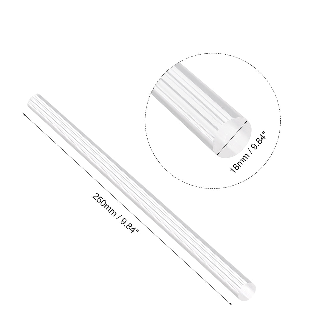 Harfington 18 mm x 250 mm, transparent, weiß, gerade, massiver Acryl-Rundstab, PMMA-Stange