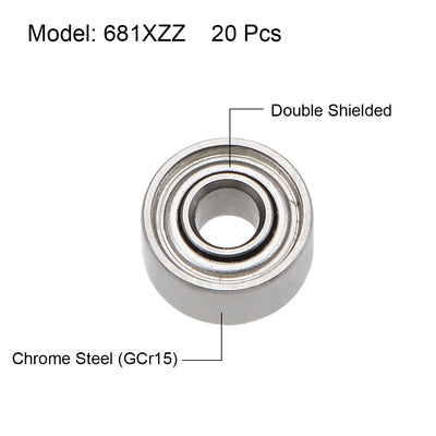 Harfington 681XZZ Ball Bearings Z2 1.5x4x2mm Double Shielded Chrome Steel 20pcs