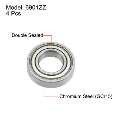 Harfington 6901ZZ Deep Groove Ball Bearings Z2 12x24x6mm Double Shielded Chrome Steel 4pcs