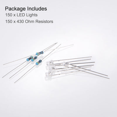 Harfington 150Set 3mm LED Diodes w Resistor, Clean Yellow DC1.8-2.0V, Flat Head 29mm Pin