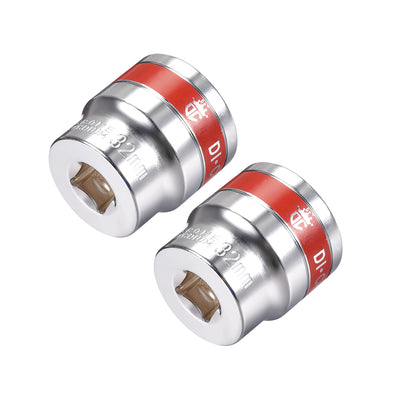 Harfington 2 Pcs 1/2-Inch Drive by 32mm Shallow Socket with Red Band, Cr-V, 6-Point, Metric