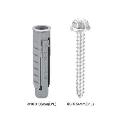 Harfington 10x50mm Plastic Expansion Tube for Drywall with Hex Screws Gray 15pcs