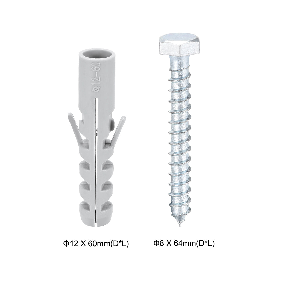 Harfington 12x60mm Plastic Expansion Tube for Drywall with Hex Screws Gray 4pcs