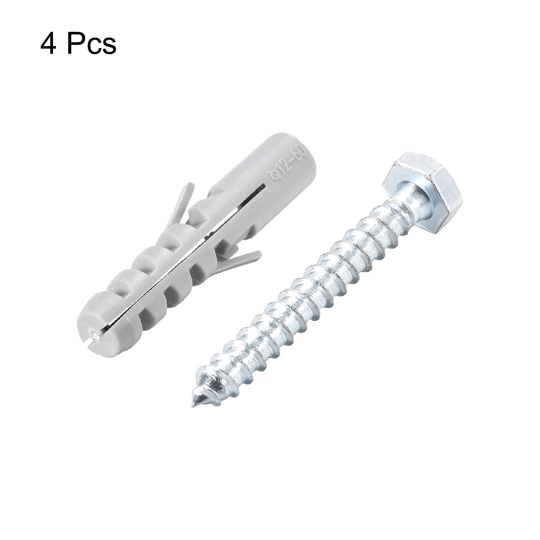 Harfington 12x60mm Plastic Expansion Tube for Drywall with Hex Screws Gray 4pcs