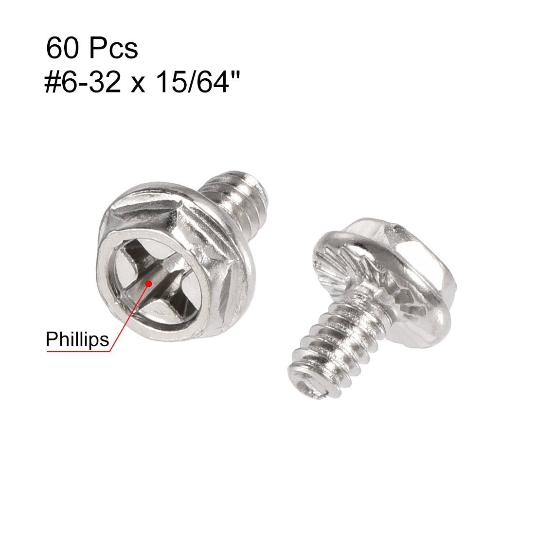 Harfington #6-32 x 15/64" Hex Head Cap Screw Bolts Carbon Steel Phillips Screws Fastener Silver Tone 60pcs