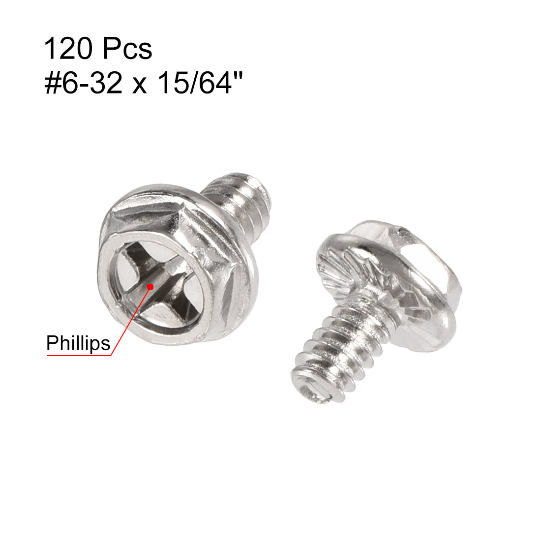 Harfington #6-32 x 15/64" Hex Head Cap Screw Bolts Carbon Steel Phillips Screws Fastener Silver Tone 120pcs