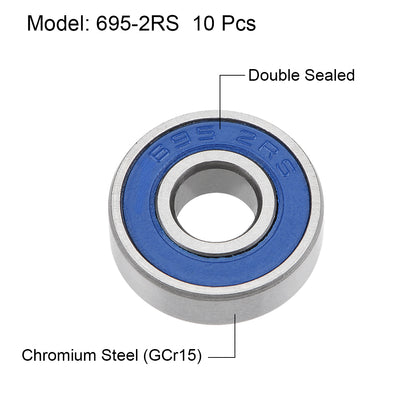 Harfington 695-2RS Ball Bearings 5x13x4mm Double Sealed Chrome Steel Blue Cover P6 10pcs
