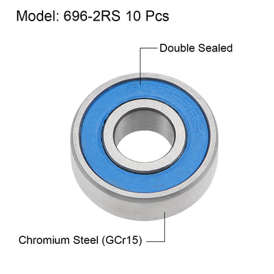 Harfington 696-2RS Ball Bearings 6x15x5mm Double Sealed Chrome Steel Blue Cover P6 10pcs