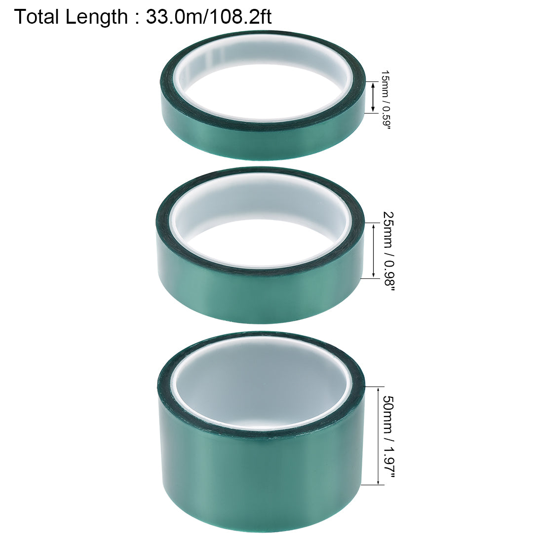 Harfington 15mm,25mm,50mm PET Tape Green High Temperature Tape 33.0m/108.2ft 1 Set