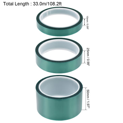 Harfington 15mm,25mm,50mm PET Tape Green High Temperature Tape 33.0m/108.2ft 1 Set