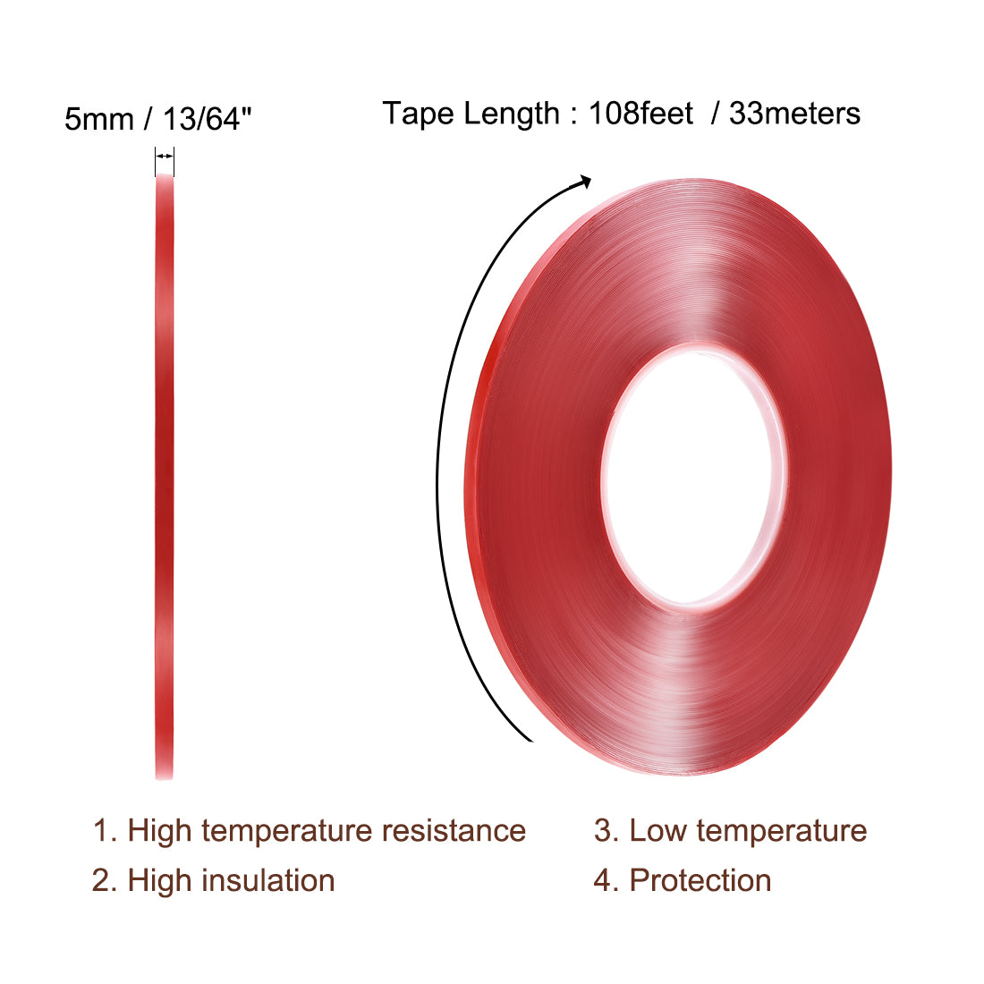 Harfington 13/64 Inch x 108Ft Heat Resistant Acrylic Double Sided Adhesive Tape for Touch Screen Repairing 0.5mm Thickness Clear with Red Protect Film