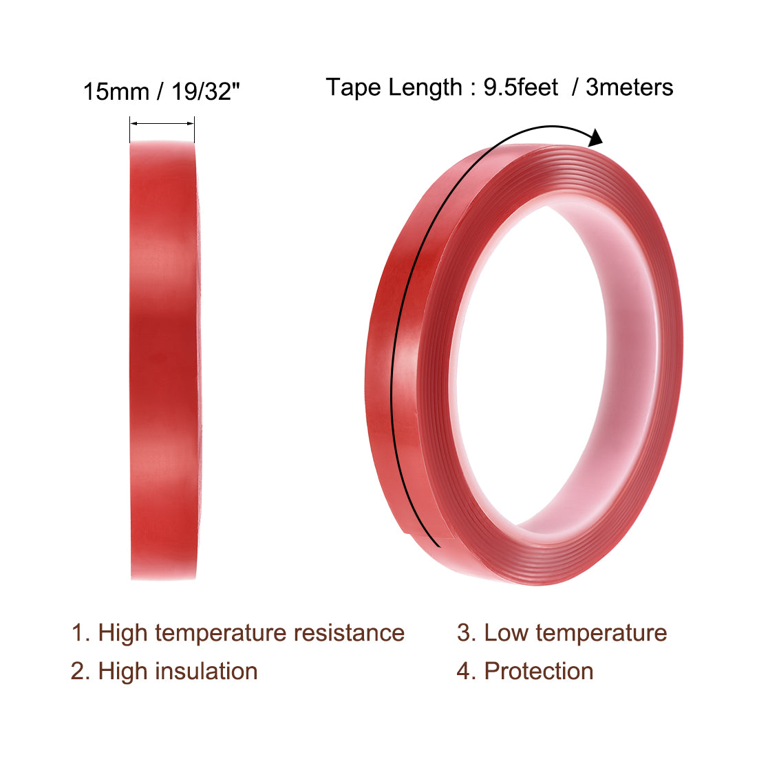 Harfington 19/32 Inch x 9.5Ft Heat Resistant Acrylic Double Sided Adhesive Tape for Touch Screen Repairing 1mm Thickness Clear with Red Protect Film